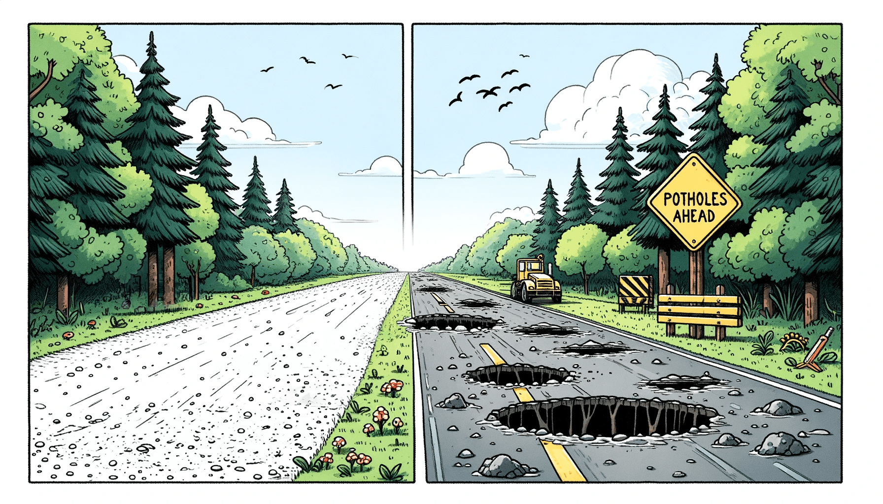 two roads, a gravel one in good condition on the left, and a paved road on the right with many potholes and a warning sign